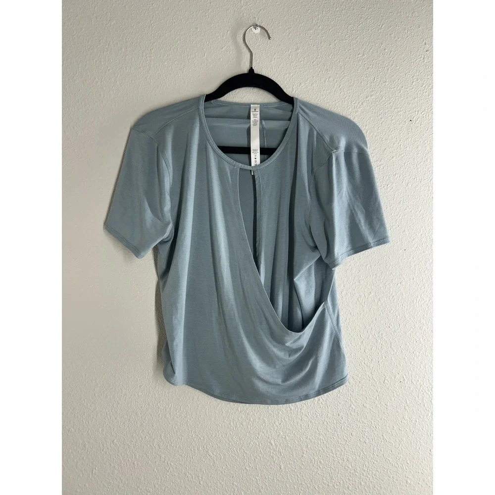 Lululemon Womens Top Size 12 Blue Yoga Gym Quick Dry Wrap Front Short Sleeve Tee